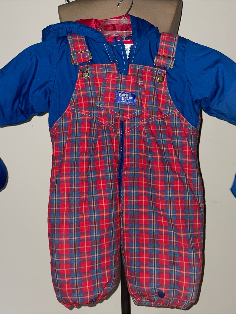 Baby B'gosh Red Plaid Kids Snow Overalls with Blue Jacket& mittens